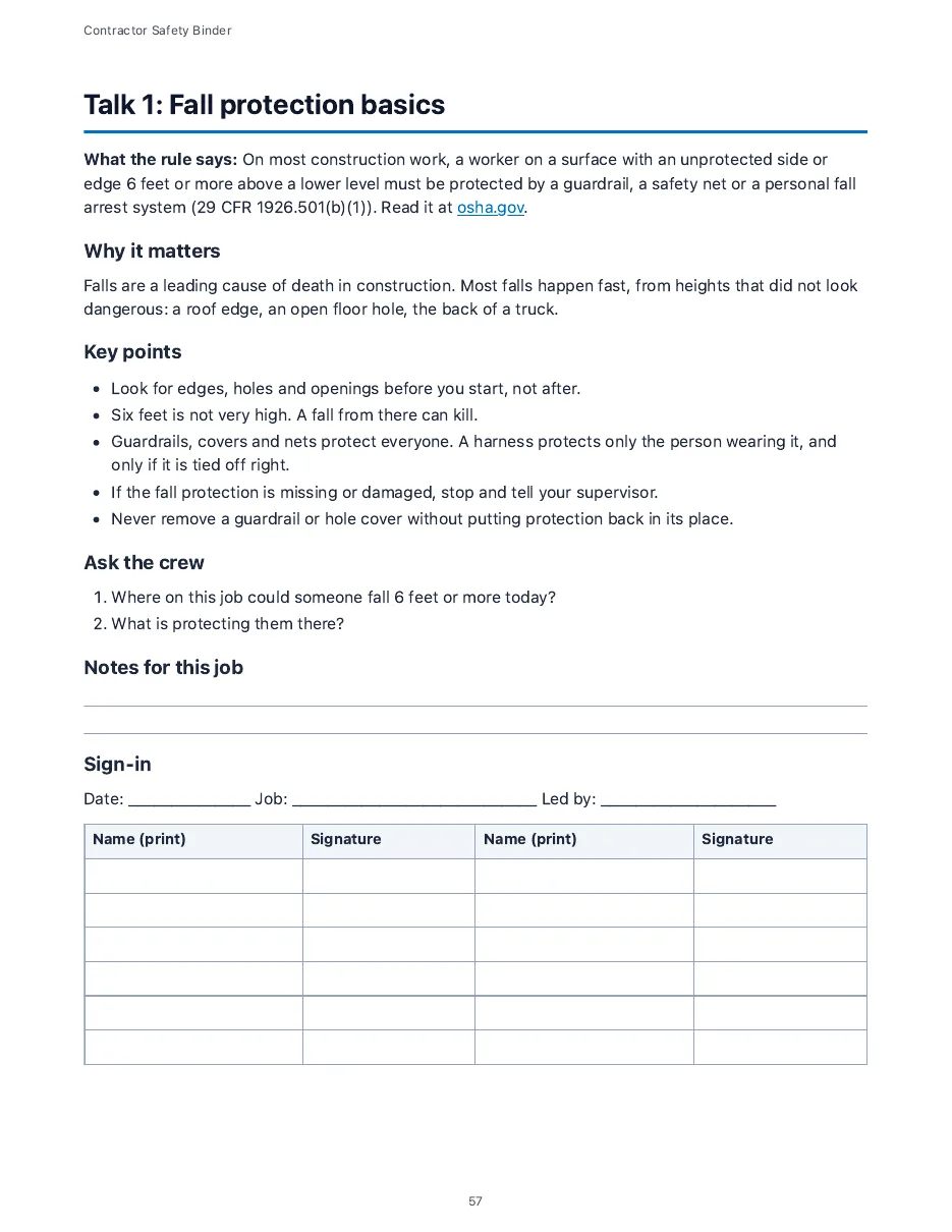 Contractor Safety Binder, page 57: Toolbox talk with sign-in sheet